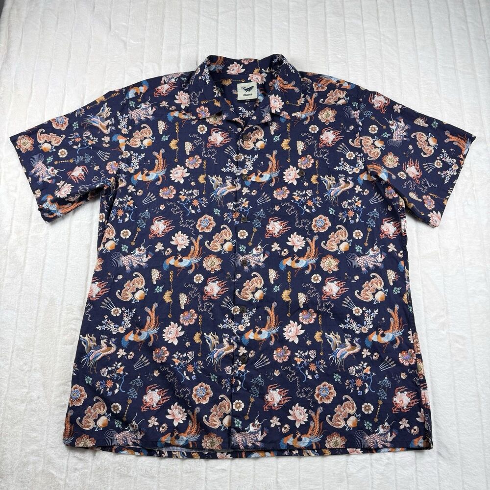 Yiume Camp Shirt Mens 2XL Eastern Mythology Motif Print Dragons Phoenixes Floral